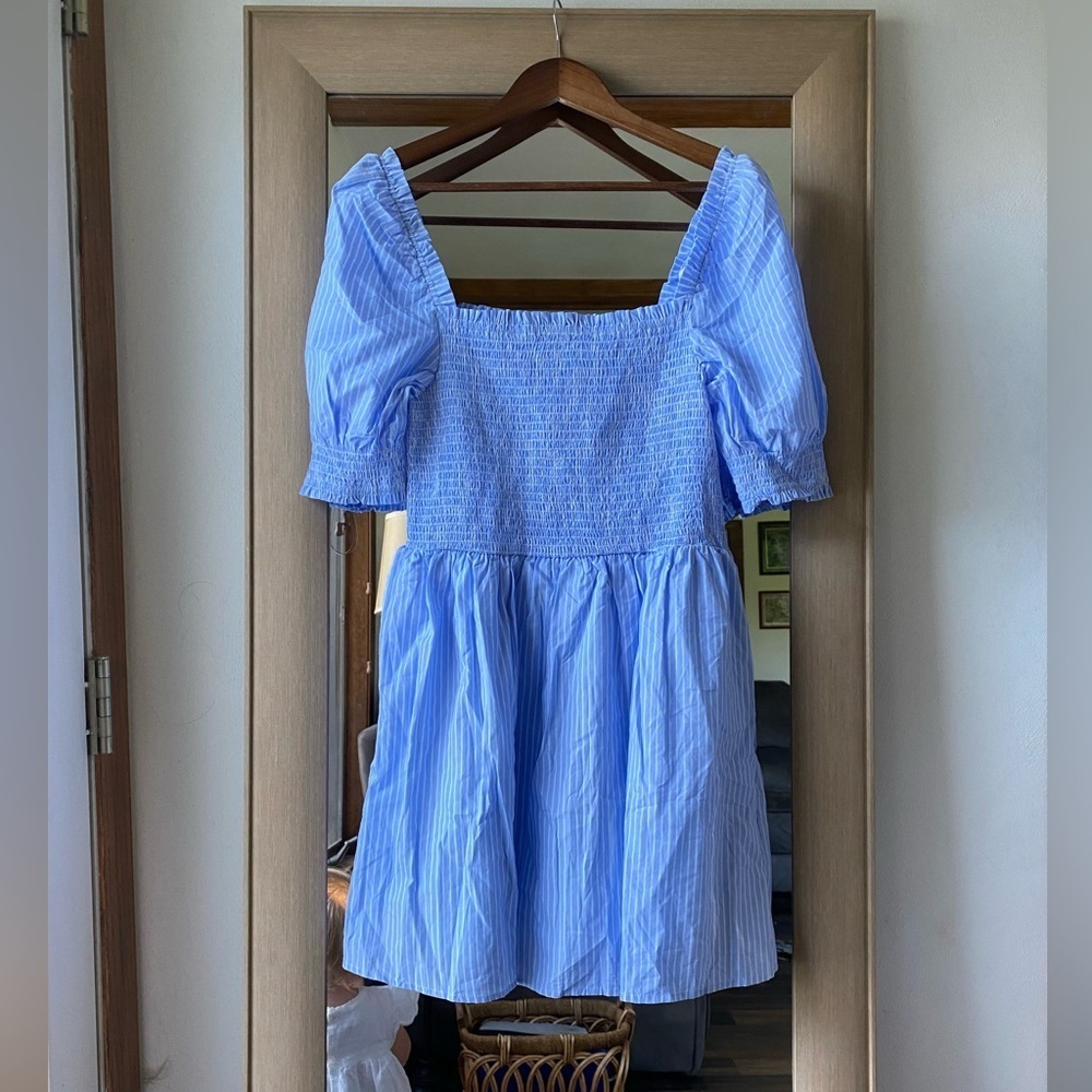 Lulus blue striped smocked skater midi dress large